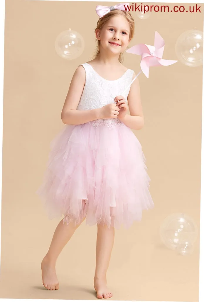 - With Girl Flower Flower Girl Dresses Knee-length Neck Dress Ball-Gown/Princess Scoop Sleeveless Back Tulle/Lace Whitney Lace/Beading/Sequins/V