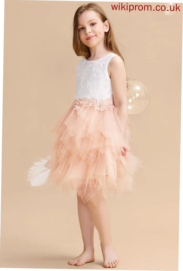 - With Girl Flower Flower Girl Dresses Knee-length Neck Dress Ball-Gown/Princess Scoop Sleeveless Back Tulle/Lace Whitney Lace/Beading/Sequins/V