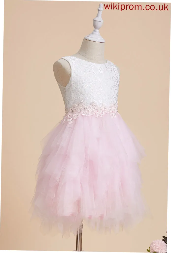 - With Girl Flower Flower Girl Dresses Knee-length Neck Dress Ball-Gown/Princess Scoop Sleeveless Back Tulle/Lace Whitney Lace/Beading/Sequins/V