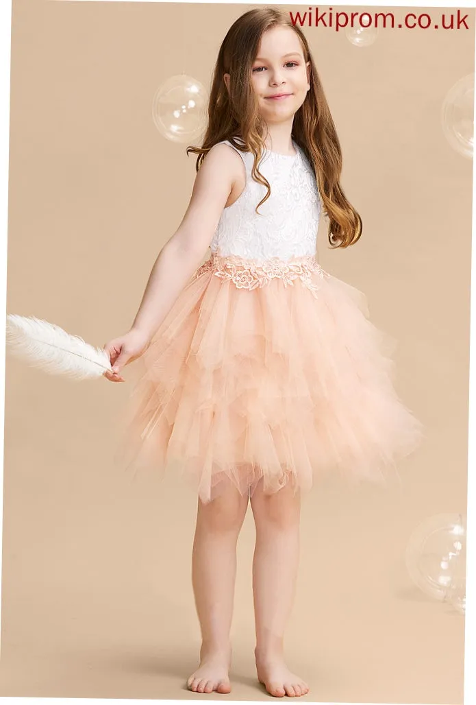 - With Girl Flower Flower Girl Dresses Knee-length Neck Dress Ball-Gown/Princess Scoop Sleeveless Back Tulle/Lace Whitney Lace/Beading/Sequins/V