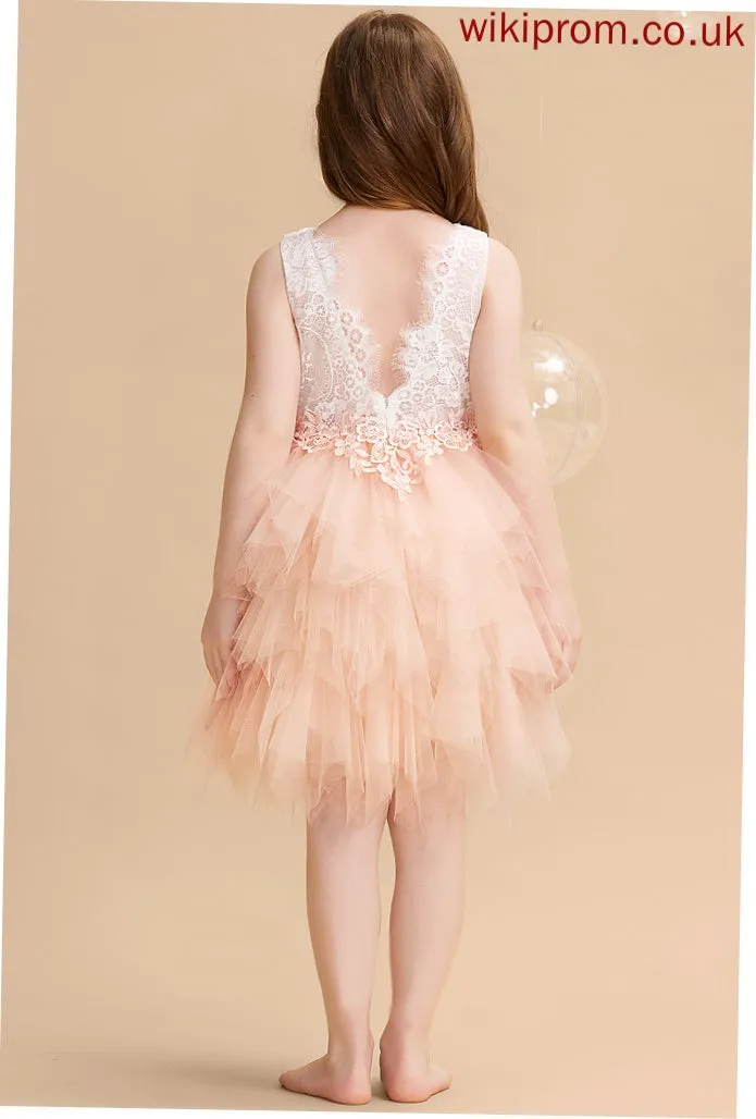 - With Girl Flower Flower Girl Dresses Knee-length Neck Dress Ball-Gown/Princess Scoop Sleeveless Back Tulle/Lace Whitney Lace/Beading/Sequins/V