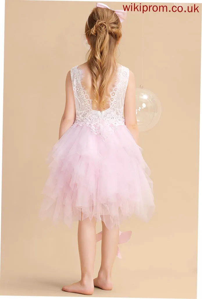 - With Girl Flower Flower Girl Dresses Knee-length Neck Dress Ball-Gown/Princess Scoop Sleeveless Back Tulle/Lace Whitney Lace/Beading/Sequins/V