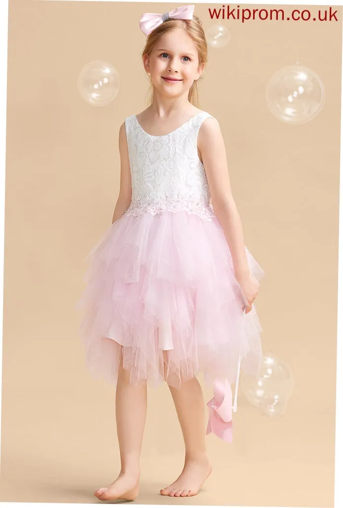 - With Girl Flower Flower Girl Dresses Knee-length Neck Dress Ball-Gown/Princess Scoop Sleeveless Back Tulle/Lace Whitney Lace/Beading/Sequins/V