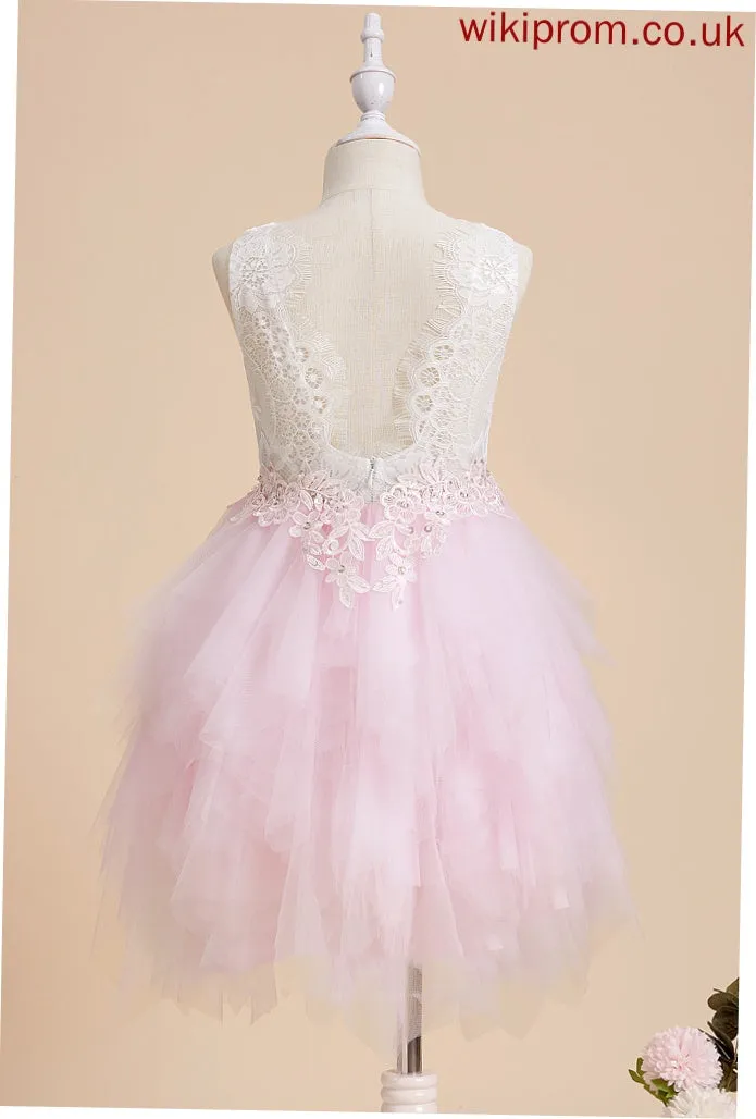 - With Girl Flower Flower Girl Dresses Knee-length Neck Dress Ball-Gown/Princess Scoop Sleeveless Back Tulle/Lace Whitney Lace/Beading/Sequins/V