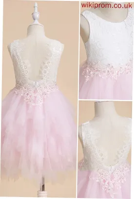 - With Girl Flower Flower Girl Dresses Knee-length Neck Dress Ball-Gown/Princess Scoop Sleeveless Back Tulle/Lace Whitney Lace/Beading/Sequins/V