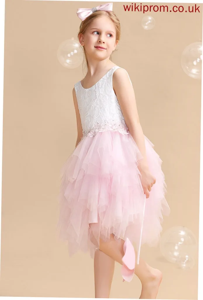 - With Girl Flower Flower Girl Dresses Knee-length Neck Dress Ball-Gown/Princess Scoop Sleeveless Back Tulle/Lace Whitney Lace/Beading/Sequins/V