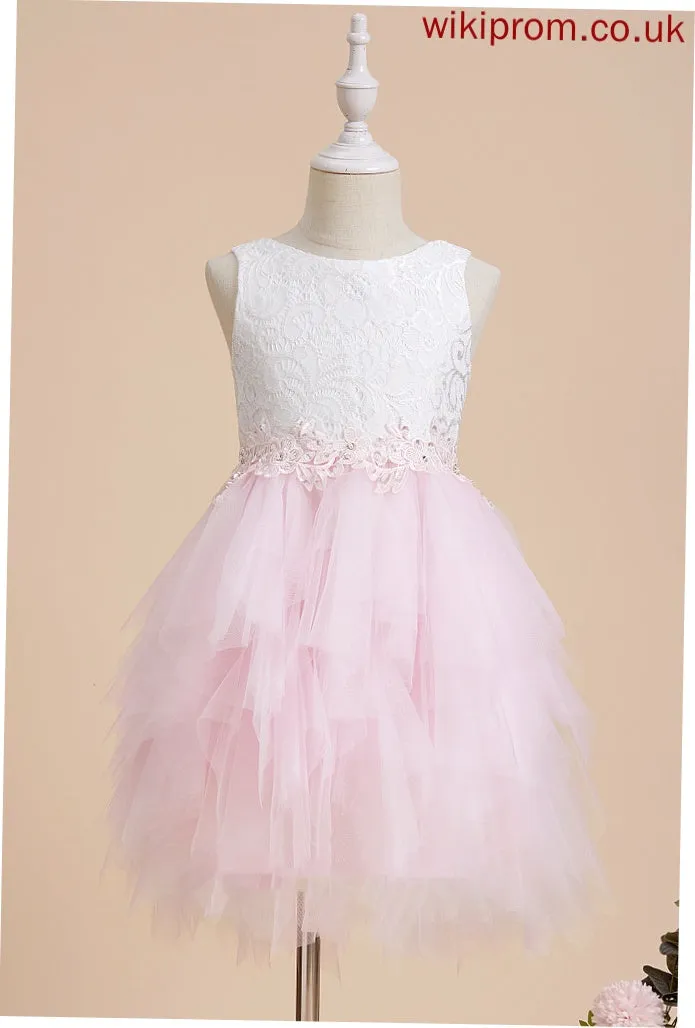 - With Girl Flower Flower Girl Dresses Knee-length Neck Dress Ball-Gown/Princess Scoop Sleeveless Back Tulle/Lace Whitney Lace/Beading/Sequins/V