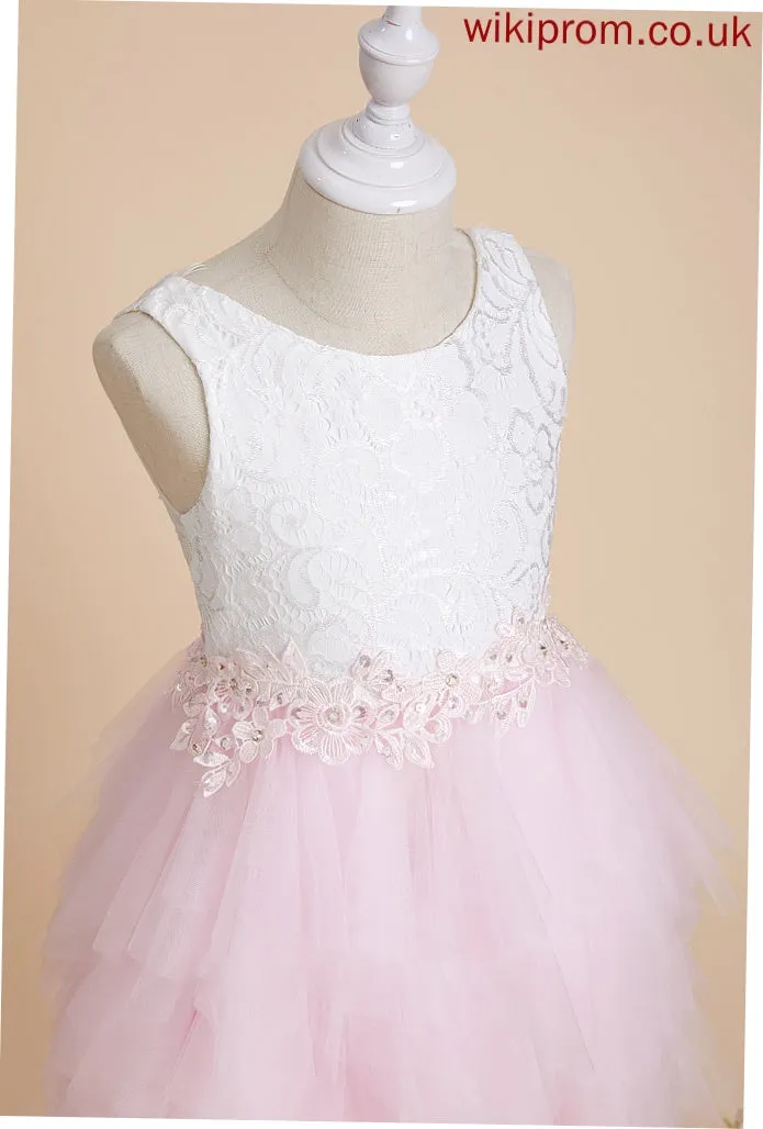 - With Girl Flower Flower Girl Dresses Knee-length Neck Dress Ball-Gown/Princess Scoop Sleeveless Back Tulle/Lace Whitney Lace/Beading/Sequins/V