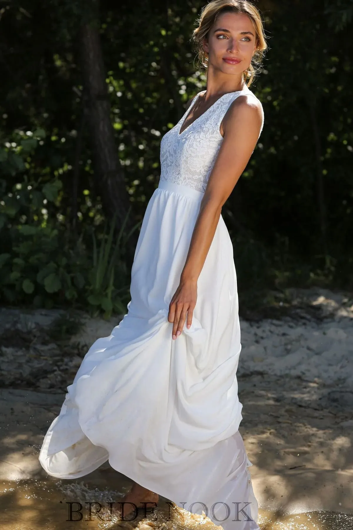 A Line Lace Wedding Dress Sleeveless With Satin Maxi Skirt