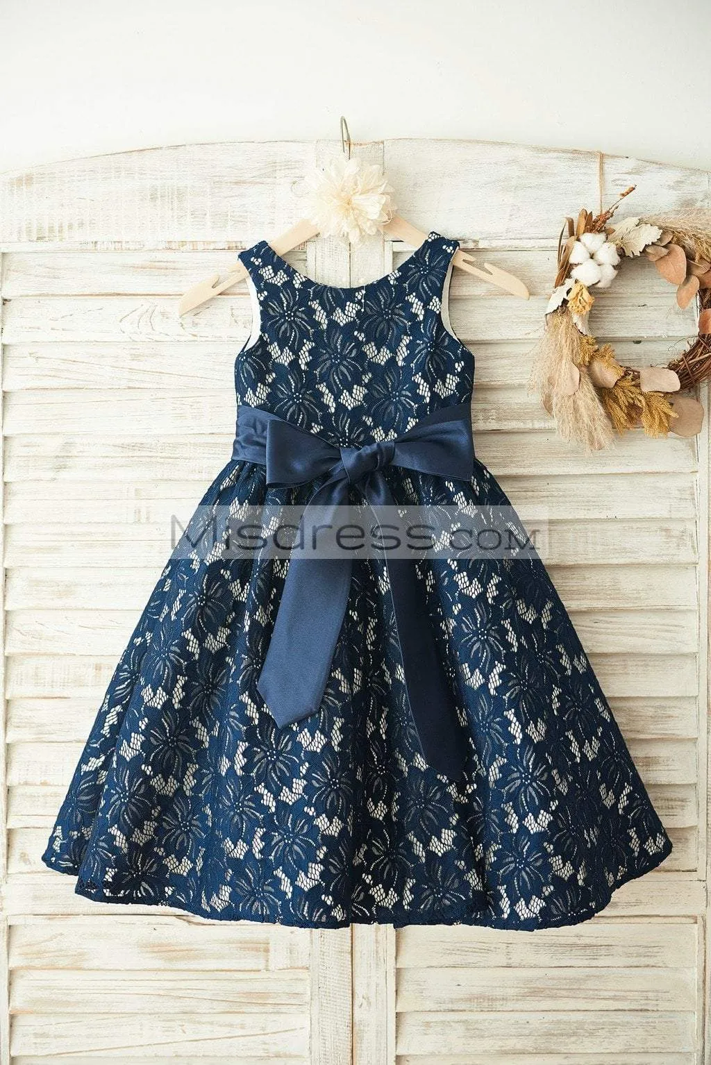 A-line Navy Blue Lace Sleeveless Wedding Flower Girl Dress, Belt