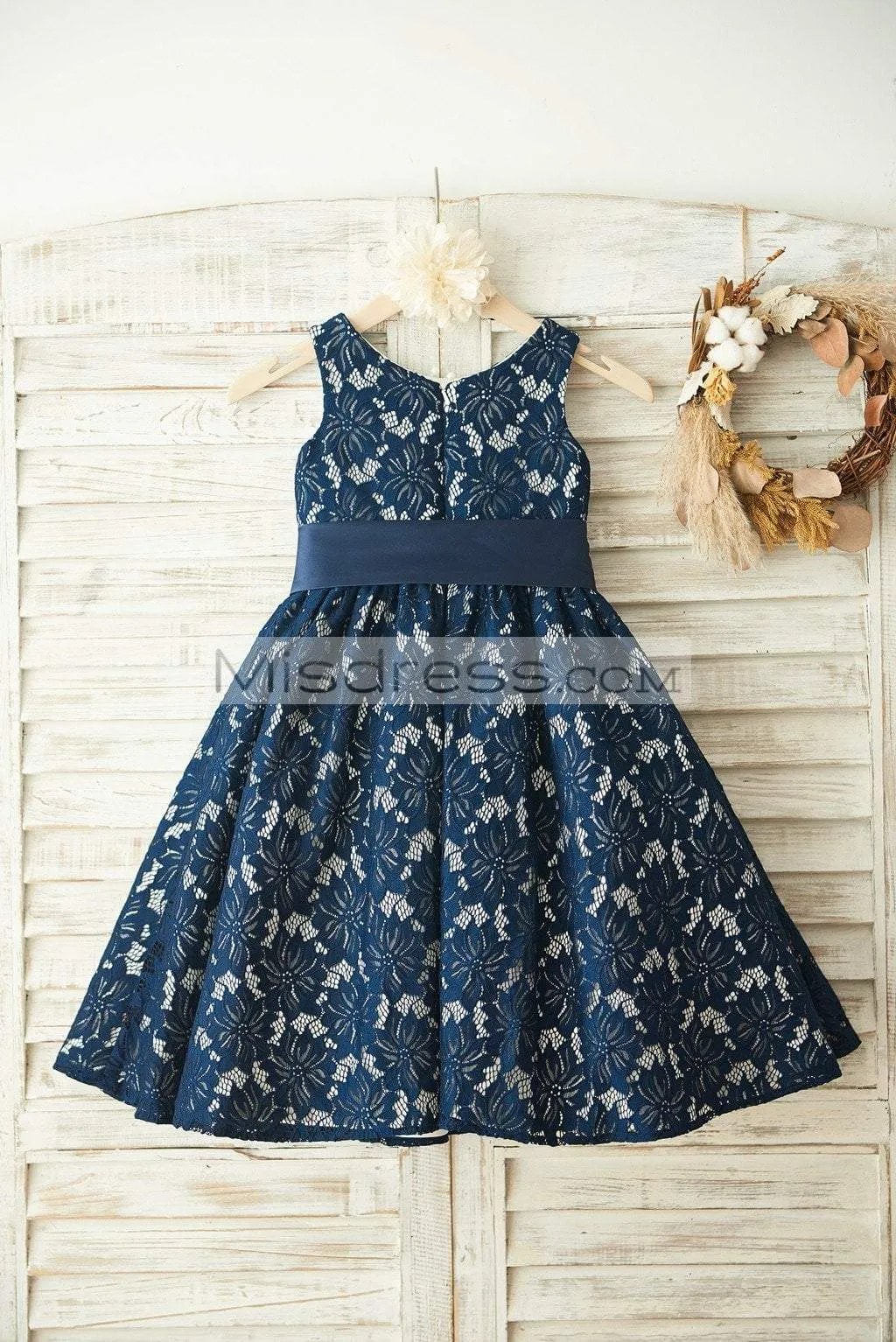 A-line Navy Blue Lace Sleeveless Wedding Flower Girl Dress, Belt