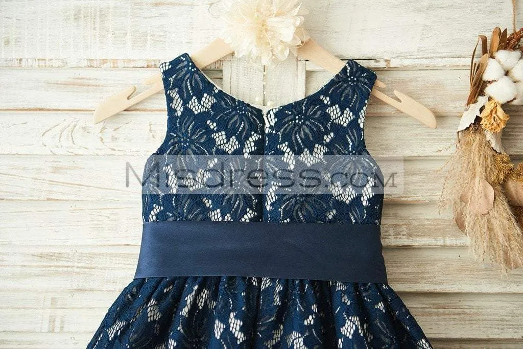 A-line Navy Blue Lace Sleeveless Wedding Flower Girl Dress, Belt