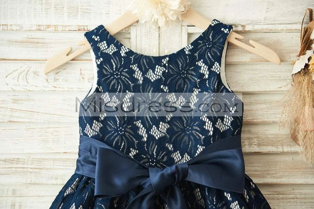 A-line Navy Blue Lace Sleeveless Wedding Flower Girl Dress, Belt