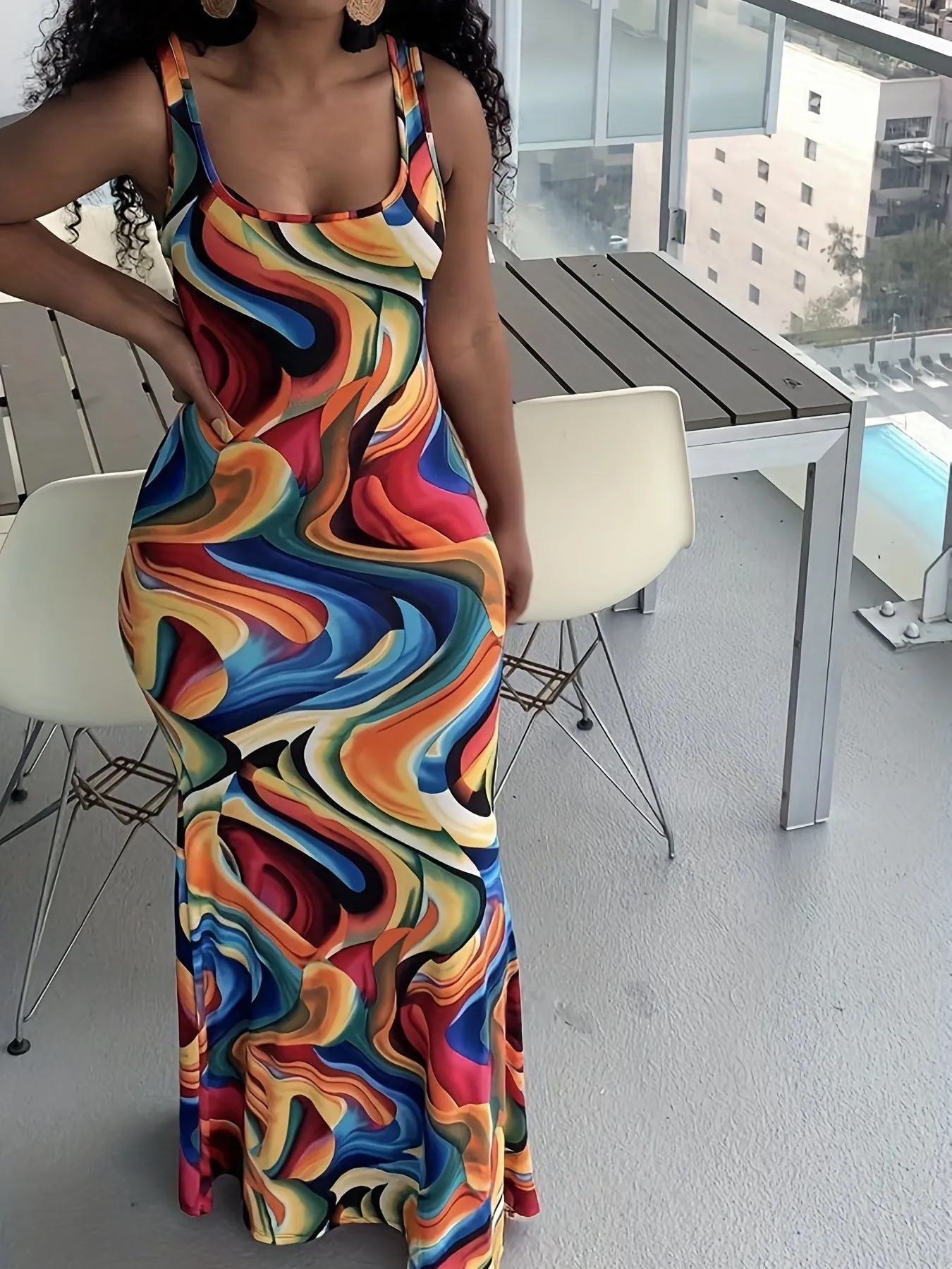 Abstract Ripple Print Dress, Sexy U Neck Sleeveless Bodycon Maxi Dress, Women's Clothing