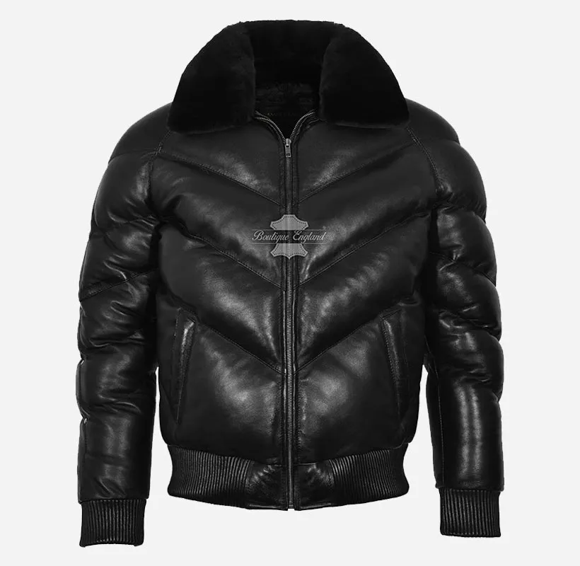 ACE Puffer Men's Leather Padded Fur Collar Bomber Jacket Black