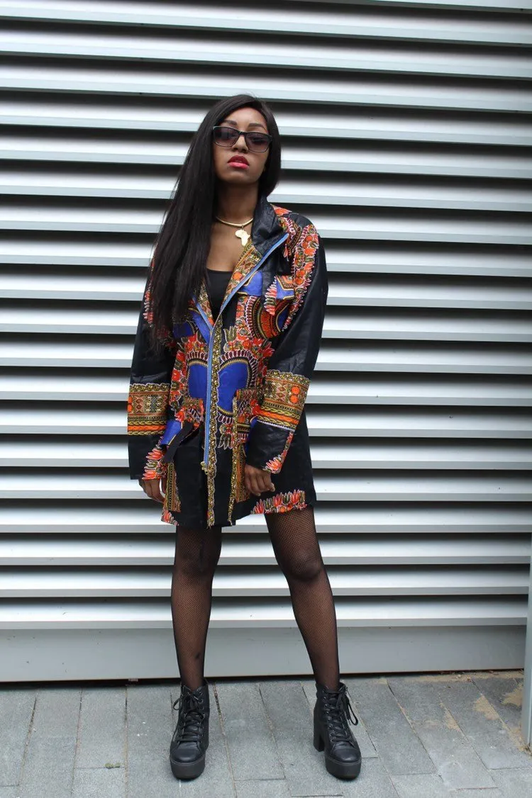 African Peacoat in Black Dashiki Print