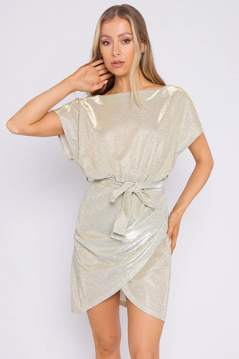 Aftershock London Georgina Champagne Sparkly Wrap Mini Dress