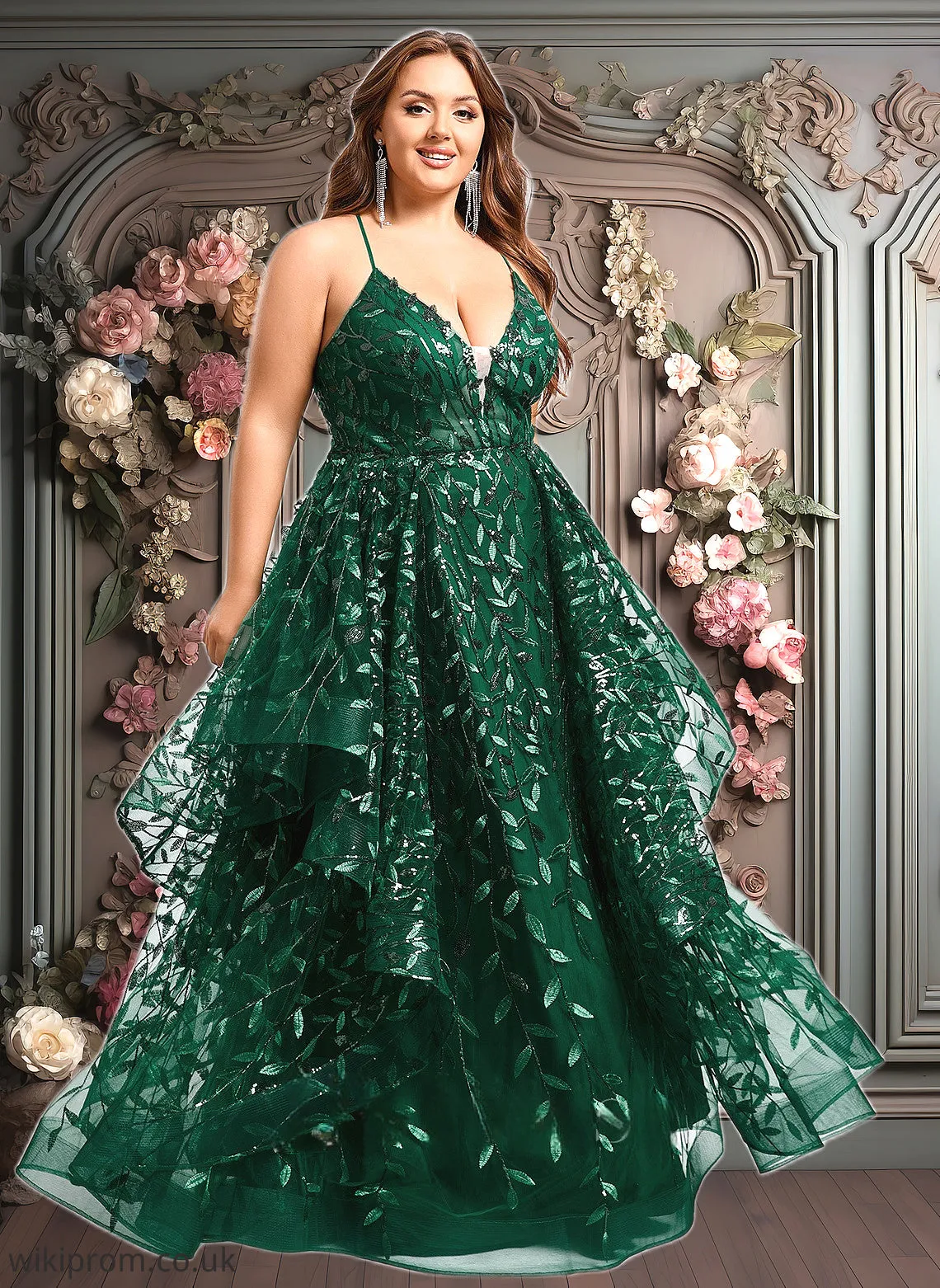 Alicia Ball-Gown/Princess V-Neck Floor-Length Lace Floral Prom Dresses With Sequins SWKP0025838