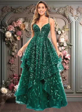 Alicia Ball-Gown/Princess V-Neck Floor-Length Lace Floral Prom Dresses With Sequins SWKP0025838