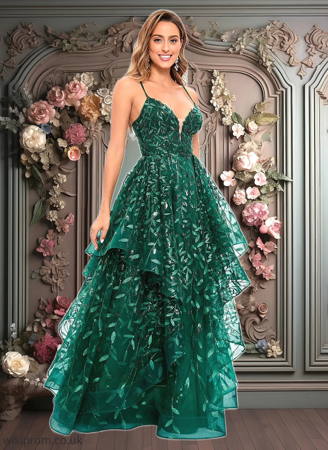 Alicia Ball-Gown/Princess V-Neck Floor-Length Lace Floral Prom Dresses With Sequins SWKP0025838