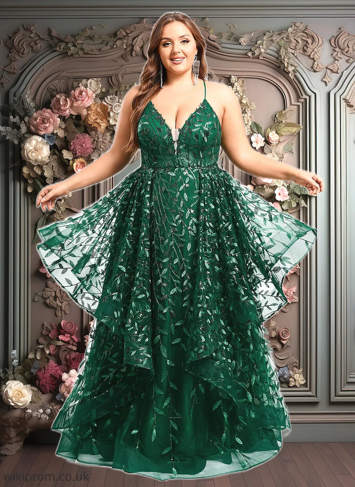 Alicia Ball-Gown/Princess V-Neck Floor-Length Lace Floral Prom Dresses With Sequins SWKP0025838