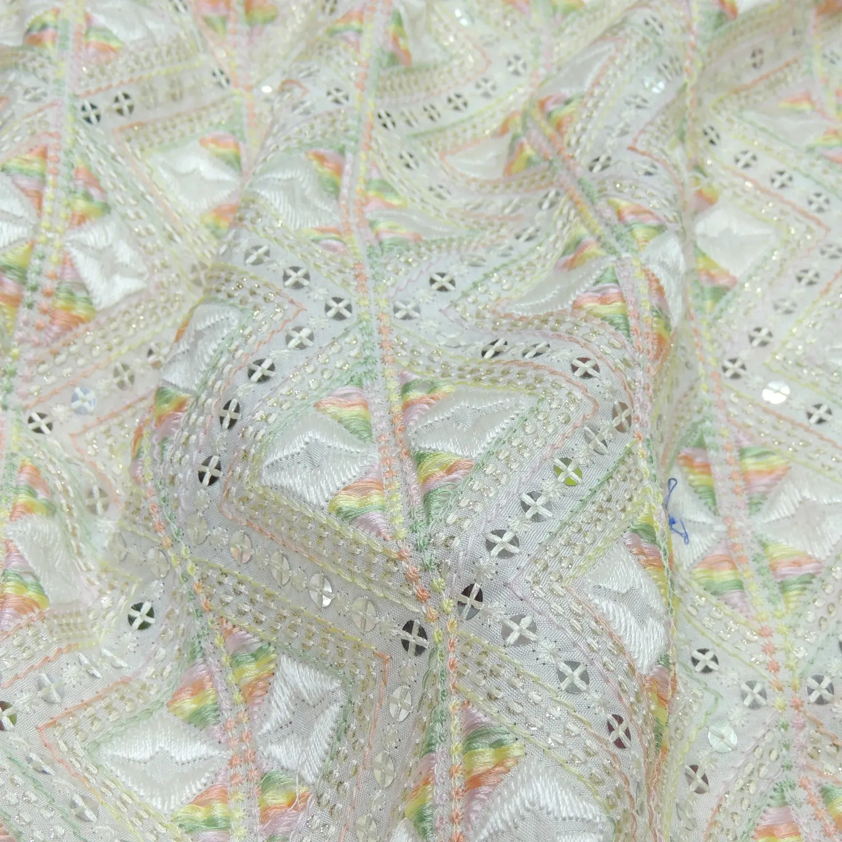 All Over Sequins Thread Work Embroidery On White Dyeable Dola Silk Fabric