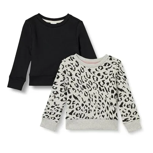 Amazon Essentials Girls' Fleece Crew-Neck Sweatshirts, Pack of 2, Black/Light Grey Heather Leopard, Small