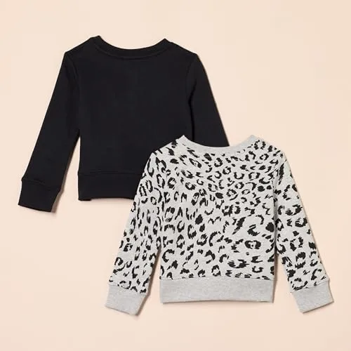 Amazon Essentials Girls' Fleece Crew-Neck Sweatshirts, Pack of 2, Black/Light Grey Heather Leopard, Small