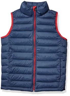 Amazon Essentials Kids Boys Light-Weight Water-Resistant Packable Puffer Vests, Navy/Red, Medium