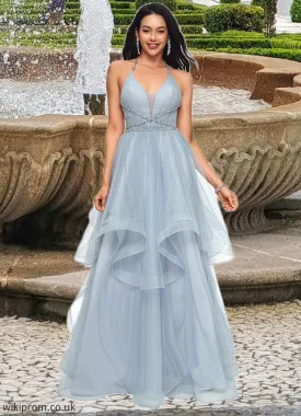 Aniyah Ball-Gown/Princess Halter V-Neck Floor-Length Tulle Prom Dresses With Beading Rhinestone Sequins SWKP0022199