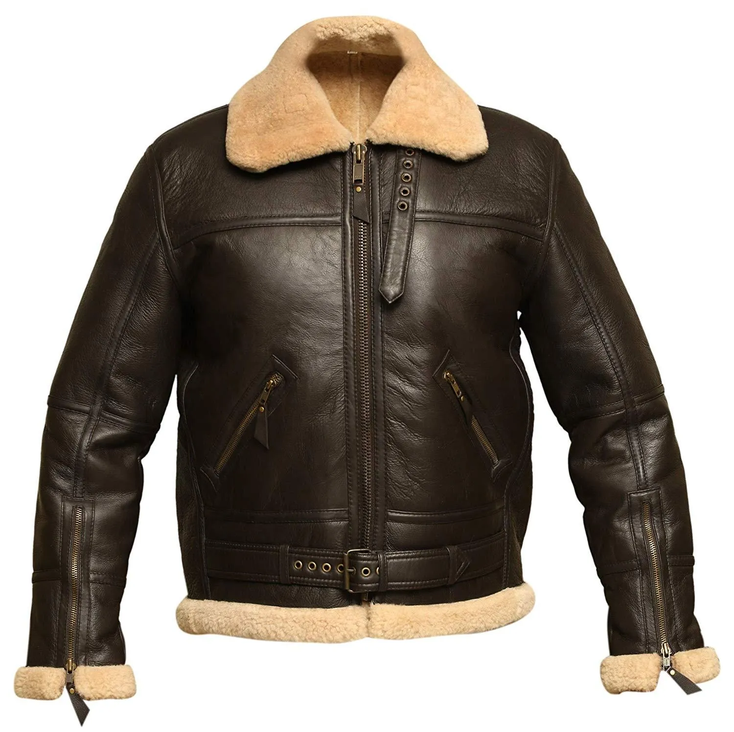 B3 RAF Brown Bomber Shearling Real Sheepskin Aviator Leather Jacket For Men