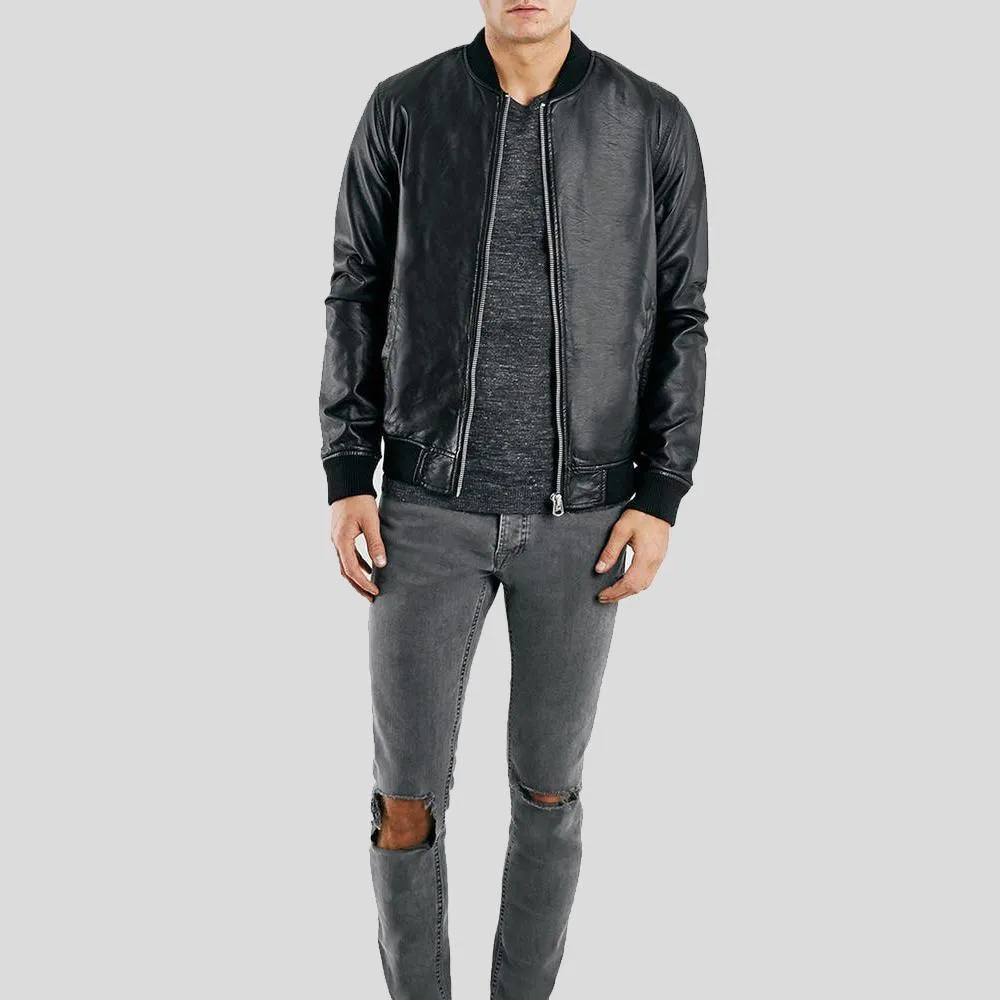 Bailei Black Bomber Leather Jacket for Men