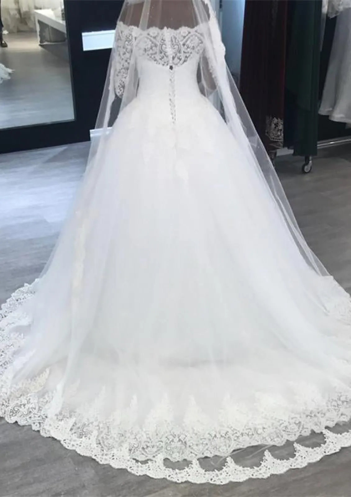 Ball Gown Off Shoulder Long Sleeve Court Tulle Wedding Dress, Lace