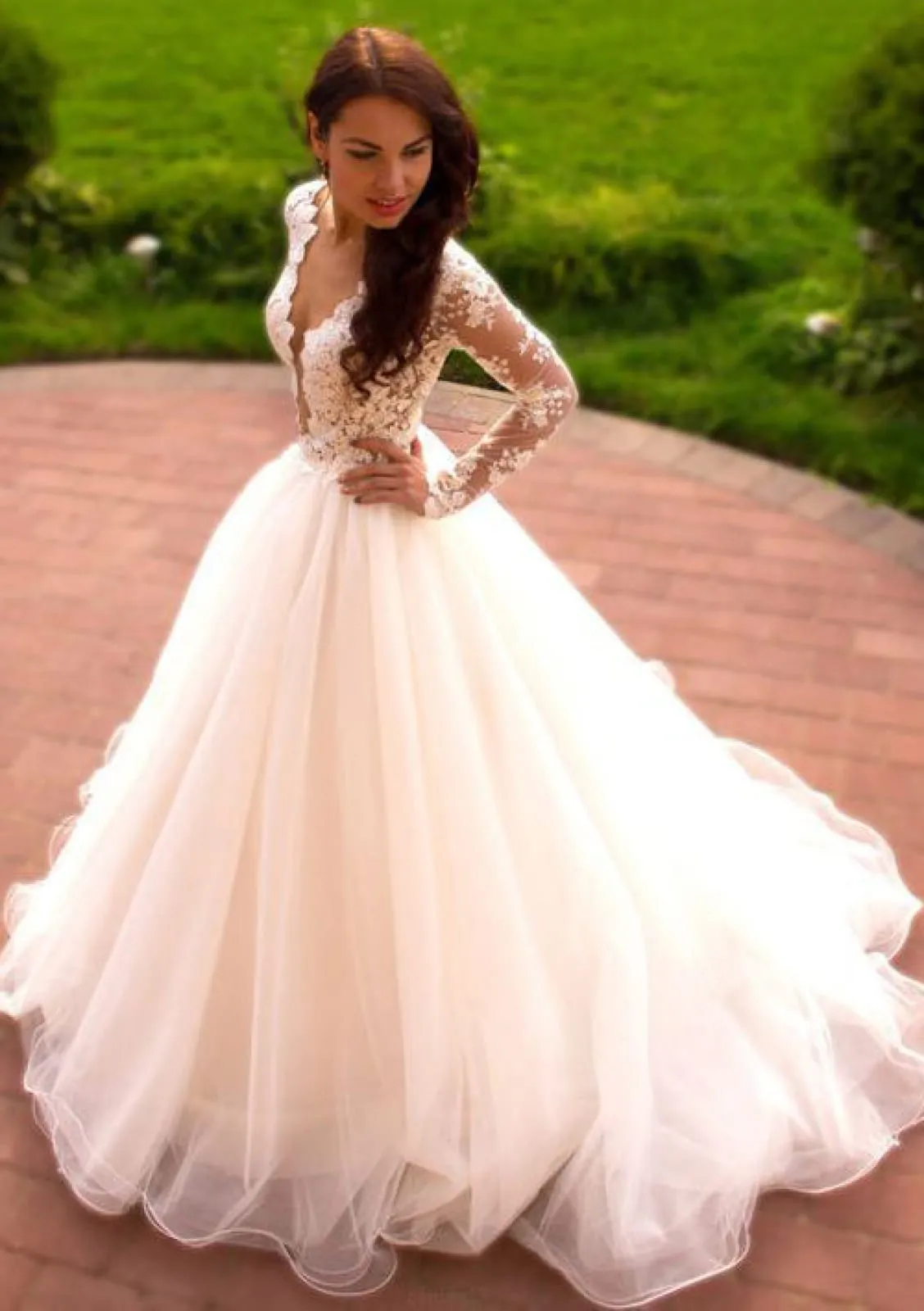 Ball Gown Plunging Long Sleeve Lace Tulle Wedding Dress, Buttons