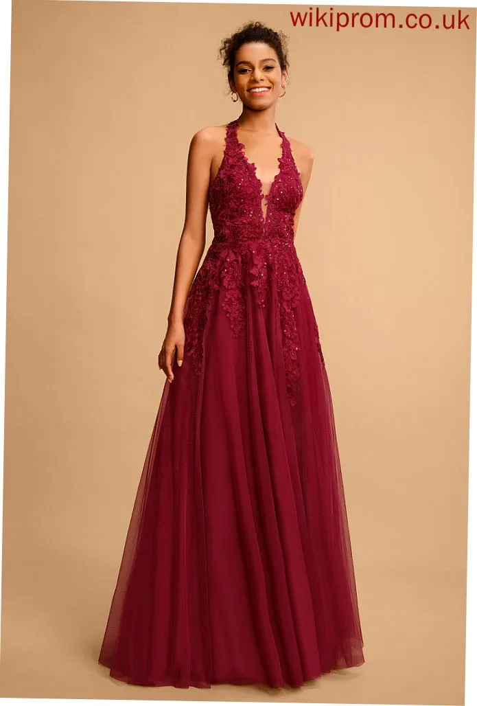 Ball-Gown/Princess Lace Sequins With Halter Prom Dresses Tulle Floor-Length Evie