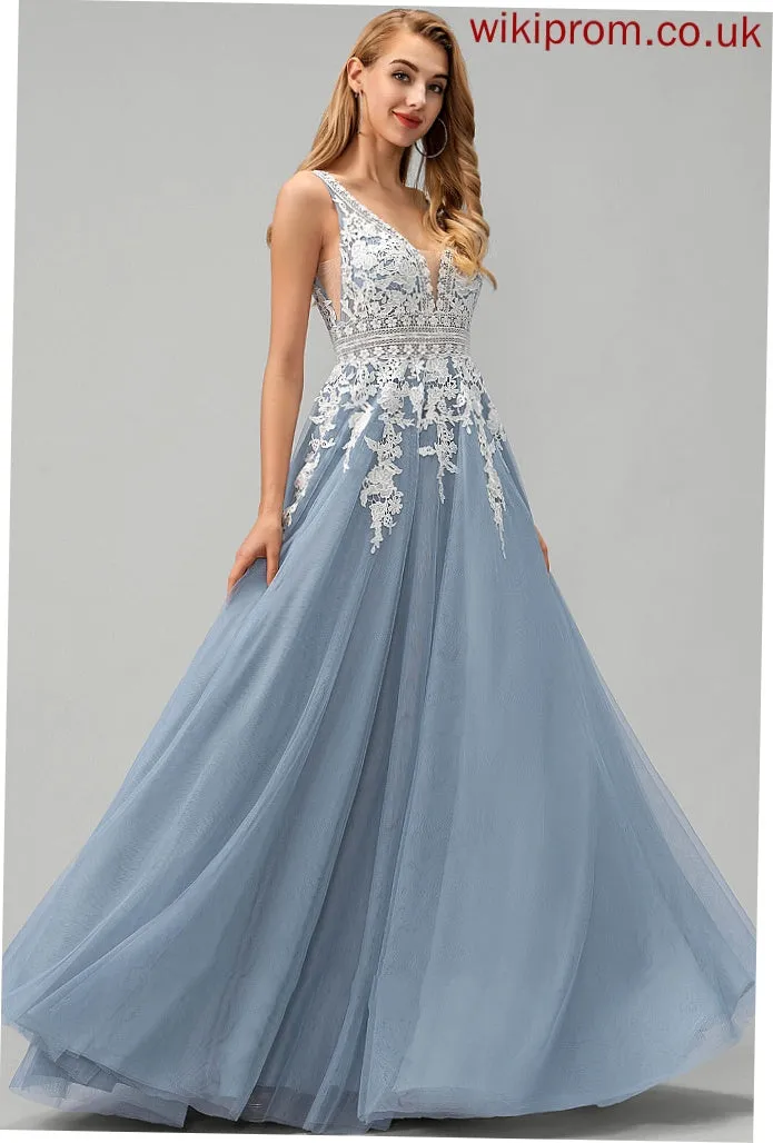 Ball-Gown/Princess Prom Dresses Floor-Length With Lace Tulle Aubree V-neck