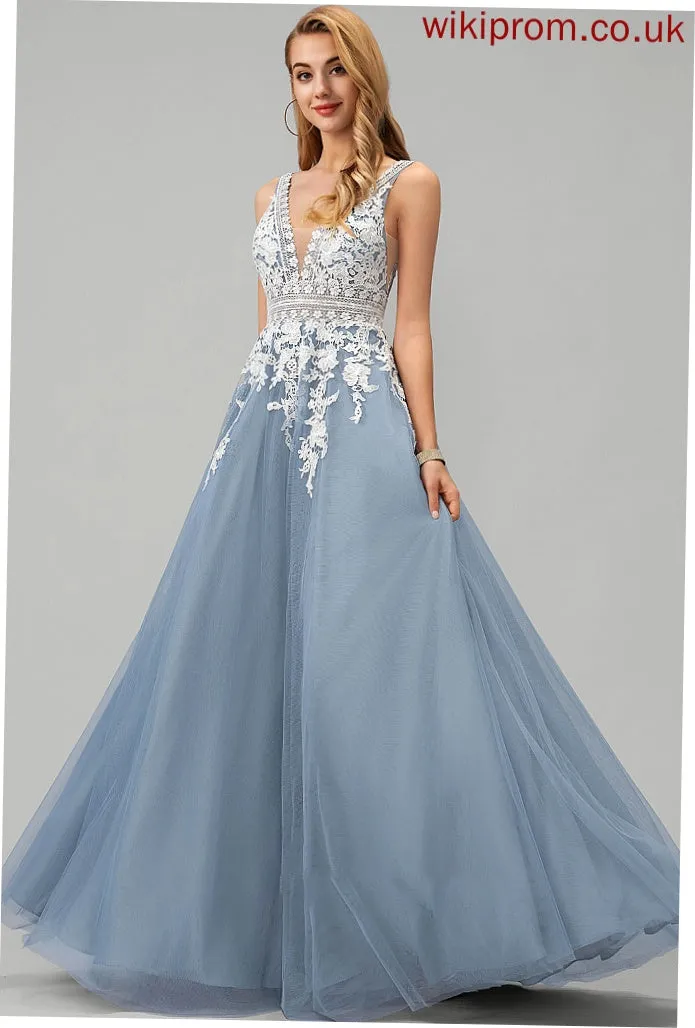 Ball-Gown/Princess Prom Dresses Floor-Length With Lace Tulle Aubree V-neck