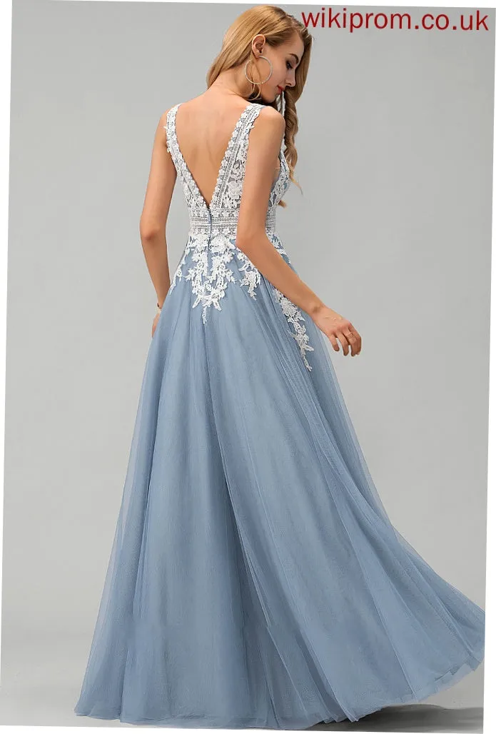 Ball-Gown/Princess Prom Dresses Floor-Length With Lace Tulle Aubree V-neck