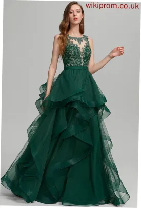 Ball-Gown/Princess Prom Dresses Neck With Tulle Ruffle Scoop Floor-Length Lace Raelynn