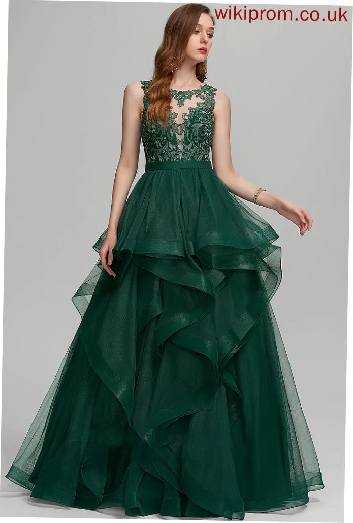 Ball-Gown/Princess Prom Dresses Neck With Tulle Ruffle Scoop Floor-Length Lace Raelynn