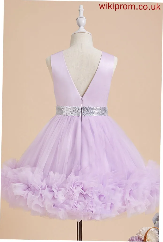 Ball-Gown/Princess Scoop With Satin/Tulle Flower Knee-length Flower Girl Dresses Flower(s)/Sequins Girl Sleeveless Averie Dress Neck -