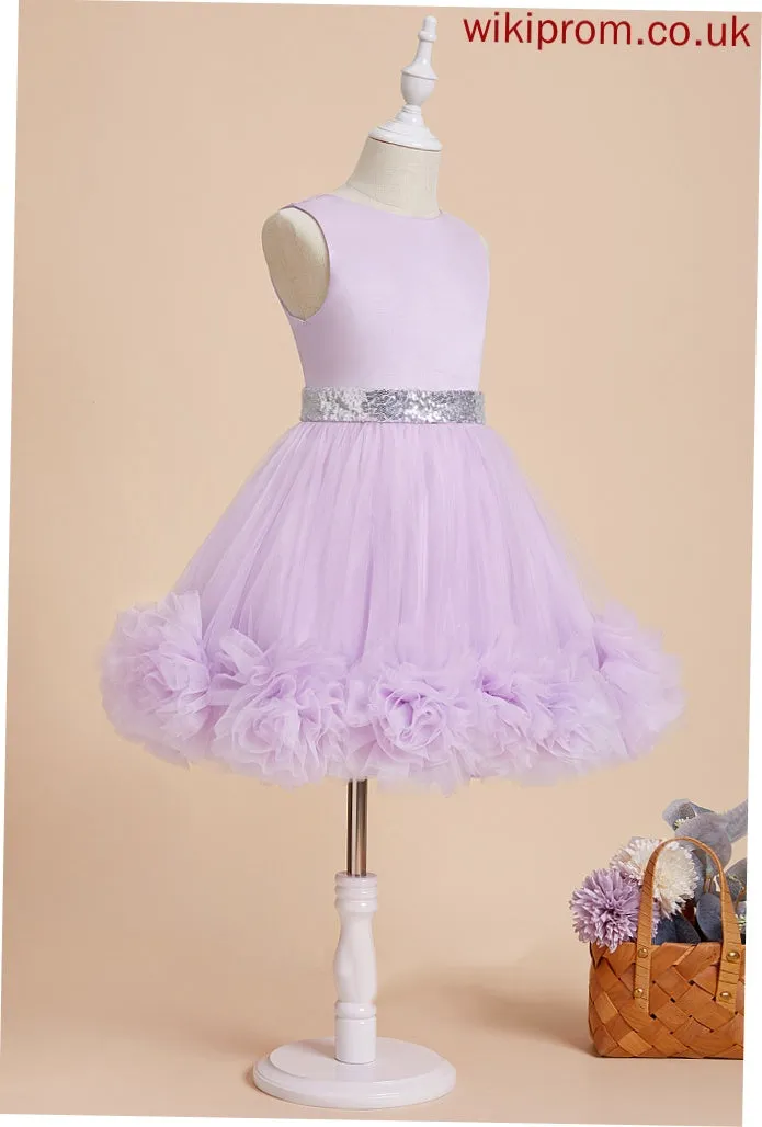 Ball-Gown/Princess Scoop With Satin/Tulle Flower Knee-length Flower Girl Dresses Flower(s)/Sequins Girl Sleeveless Averie Dress Neck -