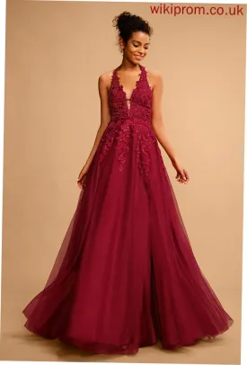 Ball-Gown/Princess With Floor-Length Elva Lace Sequins Prom Dresses Halter Tulle