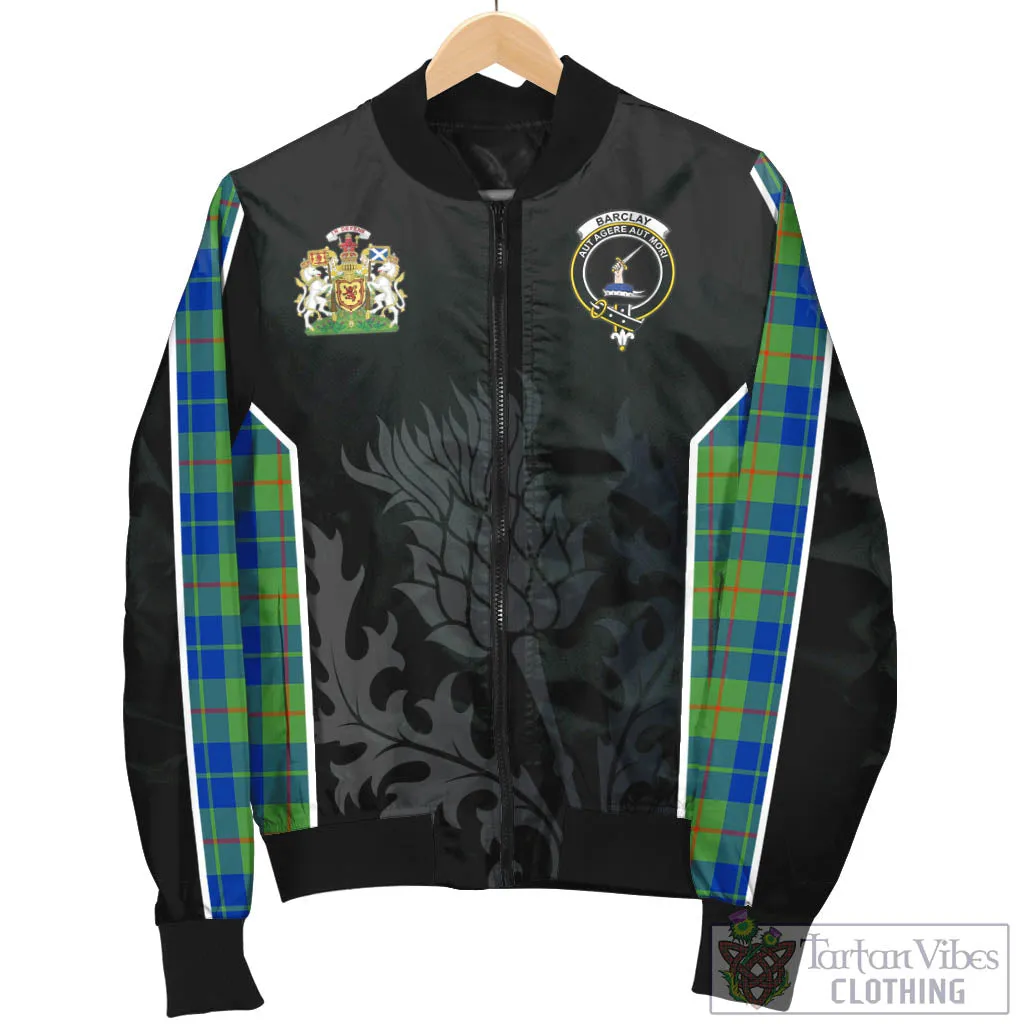 Barclay Hunting Ancient Tartan Bomber Jacket with Family Crest and Scottish Thistle Vibes Sport Style