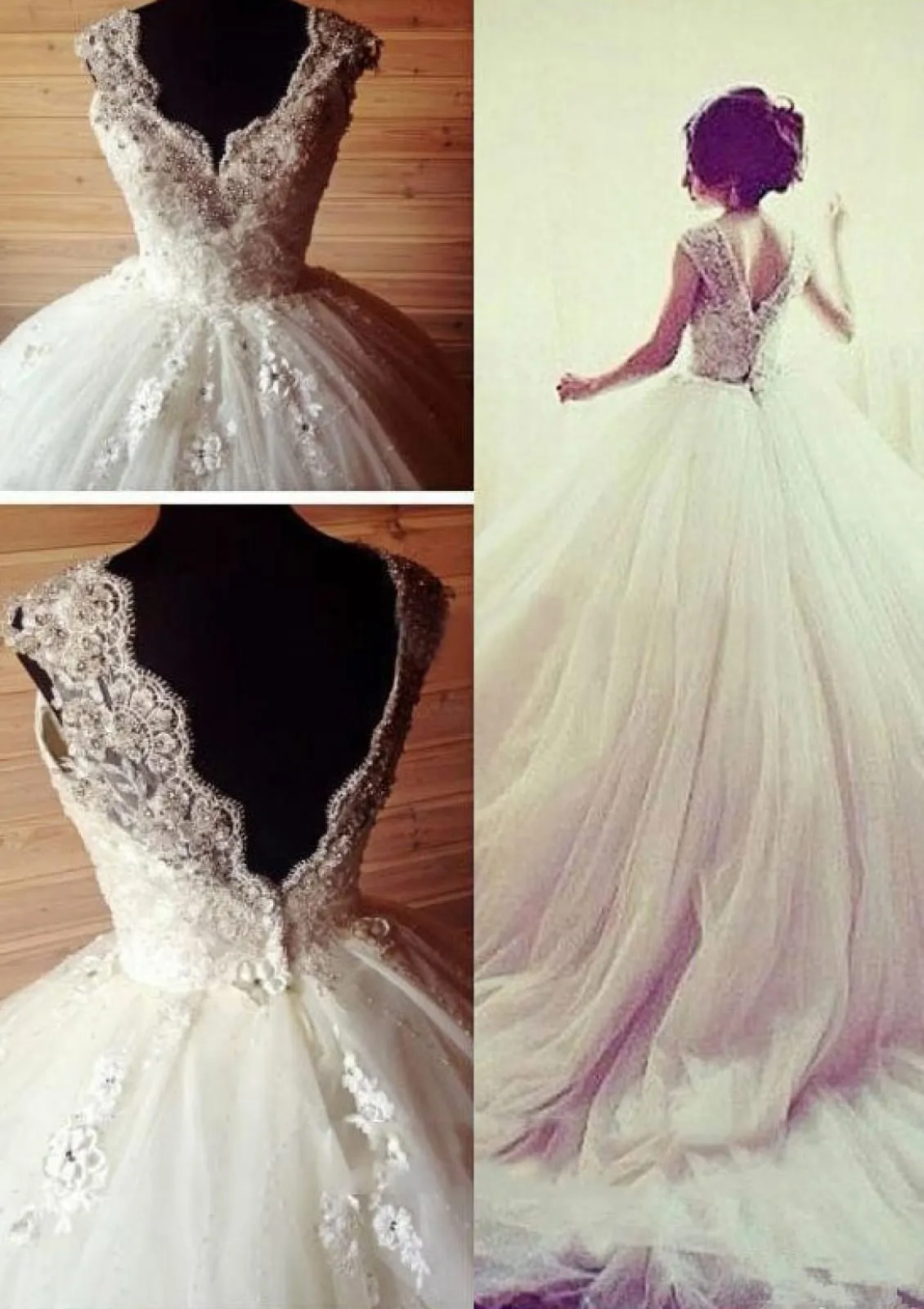 Beaded Flowers Lace Tulle Ball Gown Chapel Wedding Dress,