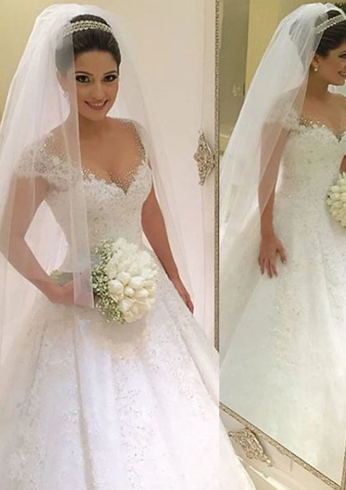 Beading Ball Gown Sweetheart Cap Sleeve Long Lace Wedding Dress