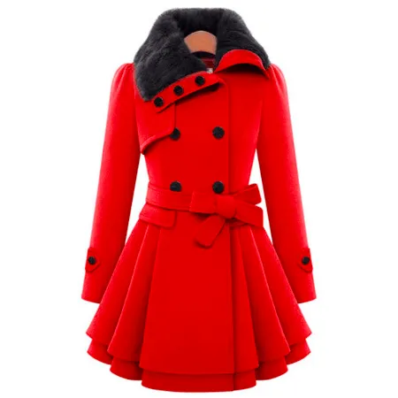 BELTED DOUBLE BREASTED PEACOAT WITH TURN-DOWN FAUX FUR COLLAR