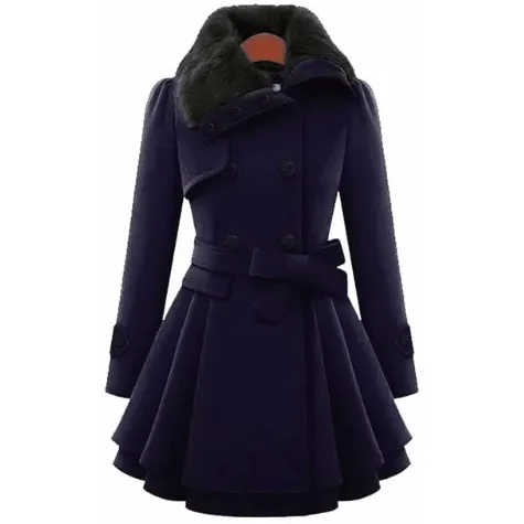 BELTED DOUBLE BREASTED PEACOAT WITH TURN-DOWN FAUX FUR COLLAR