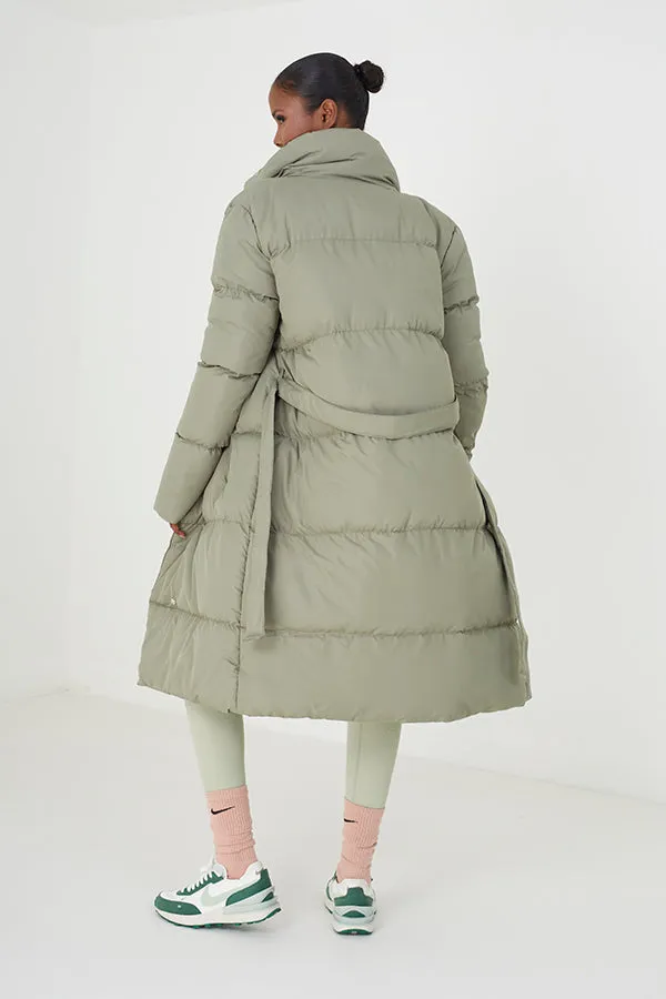 BELTED MAXI PUFFER COAT, KHAKI