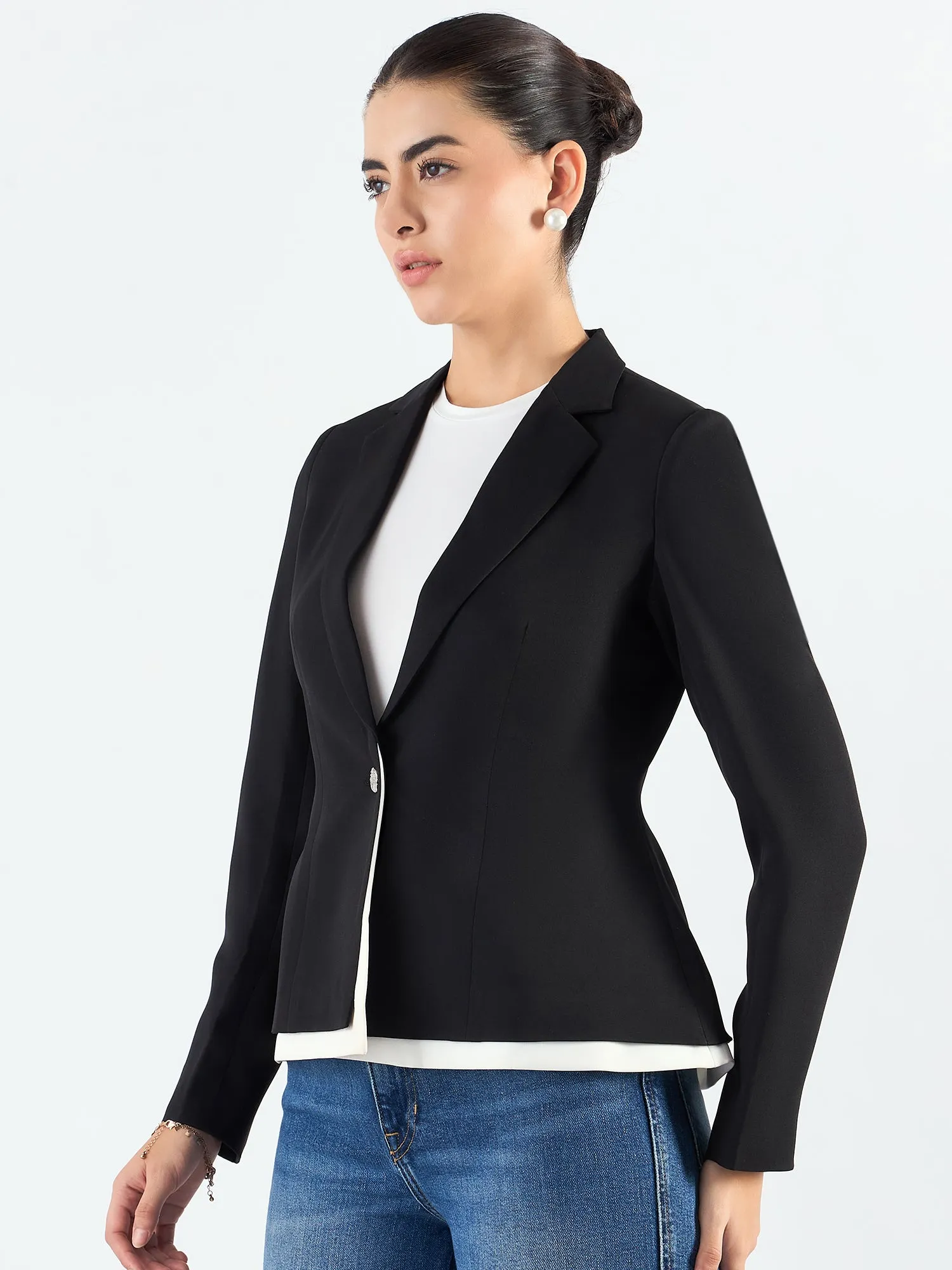 Black And White Layered Structured Blazer in Stretchable Fabric